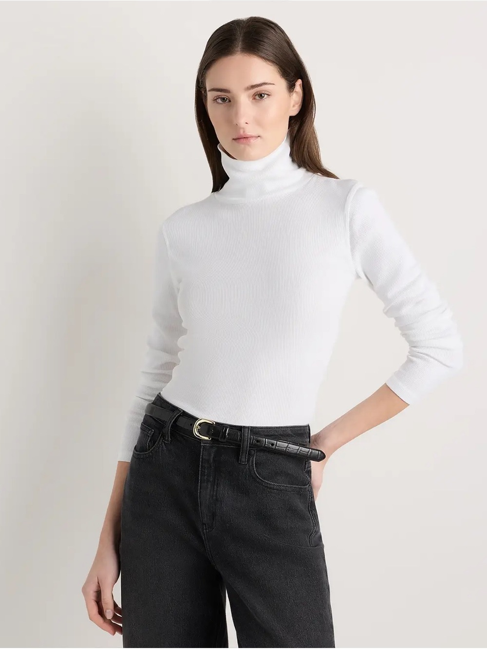 Quince Organic Cotton White Micro-Rib Turtleneck